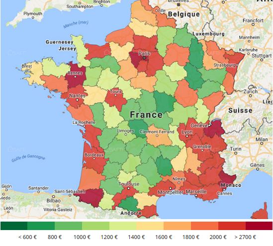 Carte de France des prix de l'immobilier au m² par département